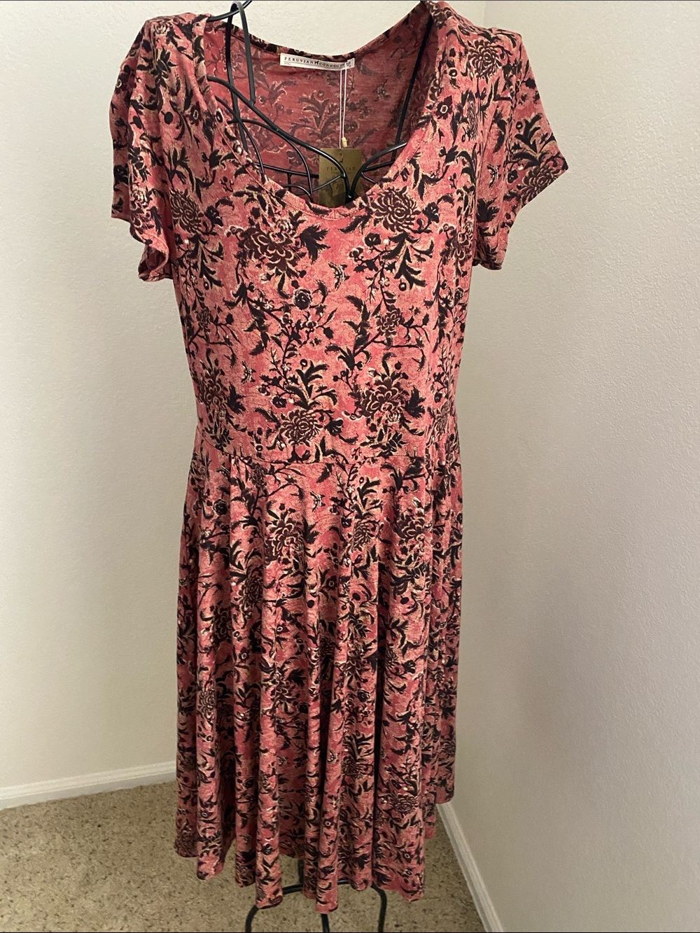 Peruvian Connection Rose and Black Floral Scoop-Neck Dress